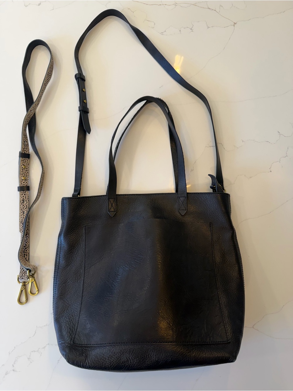 Madewell Black Leather Tote with Bonus Cow Print Detachable Crossbody Strap